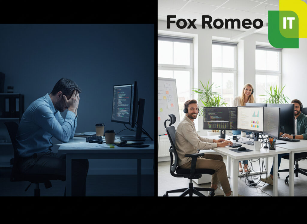 Vergleich: Ein einzelner überlasteter interner Administrator gegenüber einem organisierten Managed Service Desk Team.