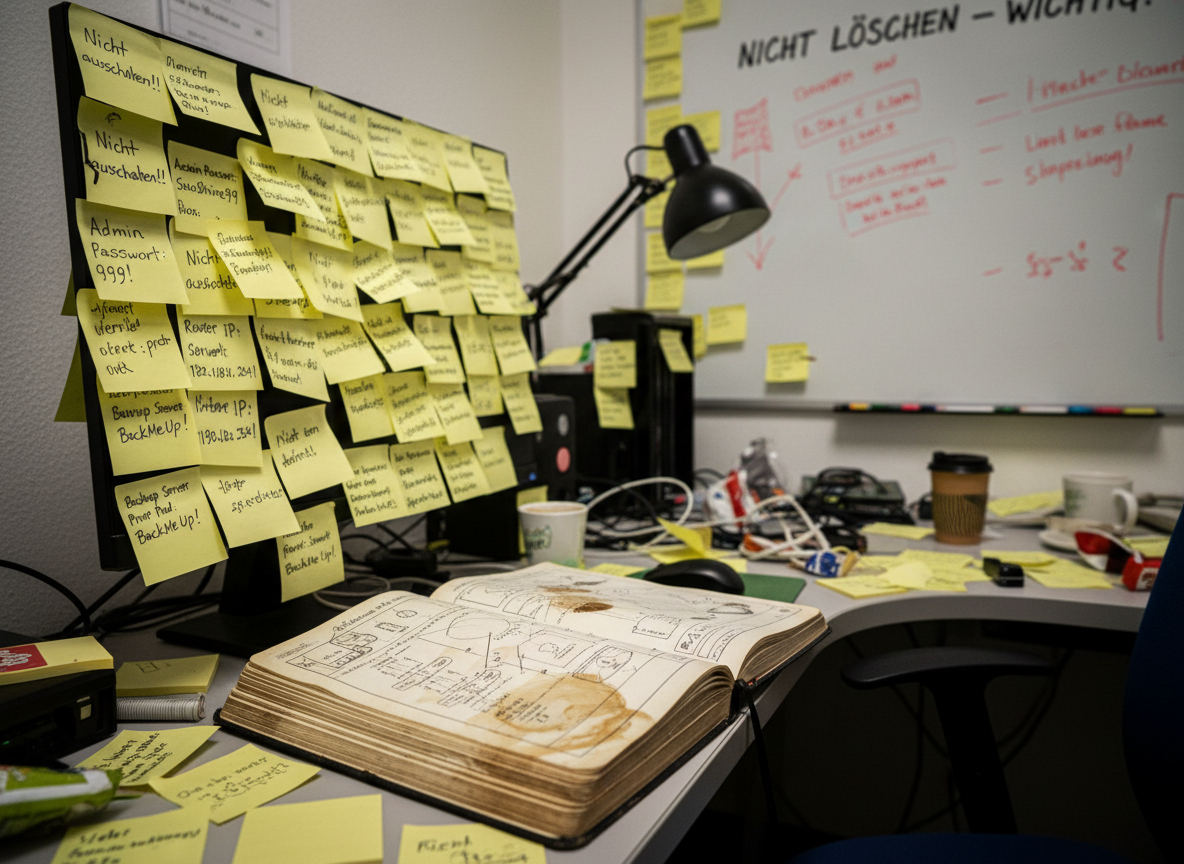 Schreibtisch eines IT-Administrators, der mit Haftnotizen und handgeschriebenen Zetteln übersät ist, als Symbol für fehlende strukturierte IT-Dokumentation und Abhängigkeit von Kopfmonopolen.