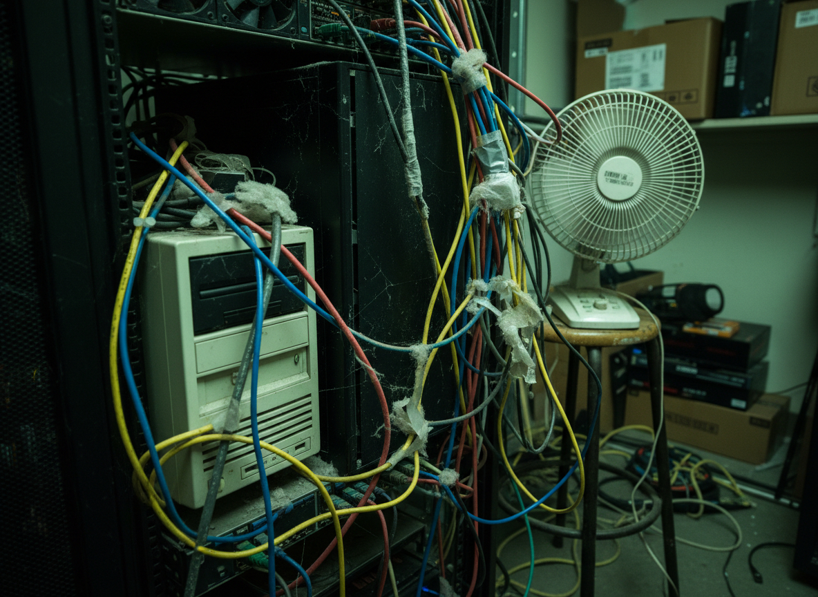 Unstrukturierter Serverschrank mit veralteter Hardware und provisorischer Verkabelung, sinnbildlich für historisch gewachsene IT ohne klare Linie und Sicherheitskonzept.