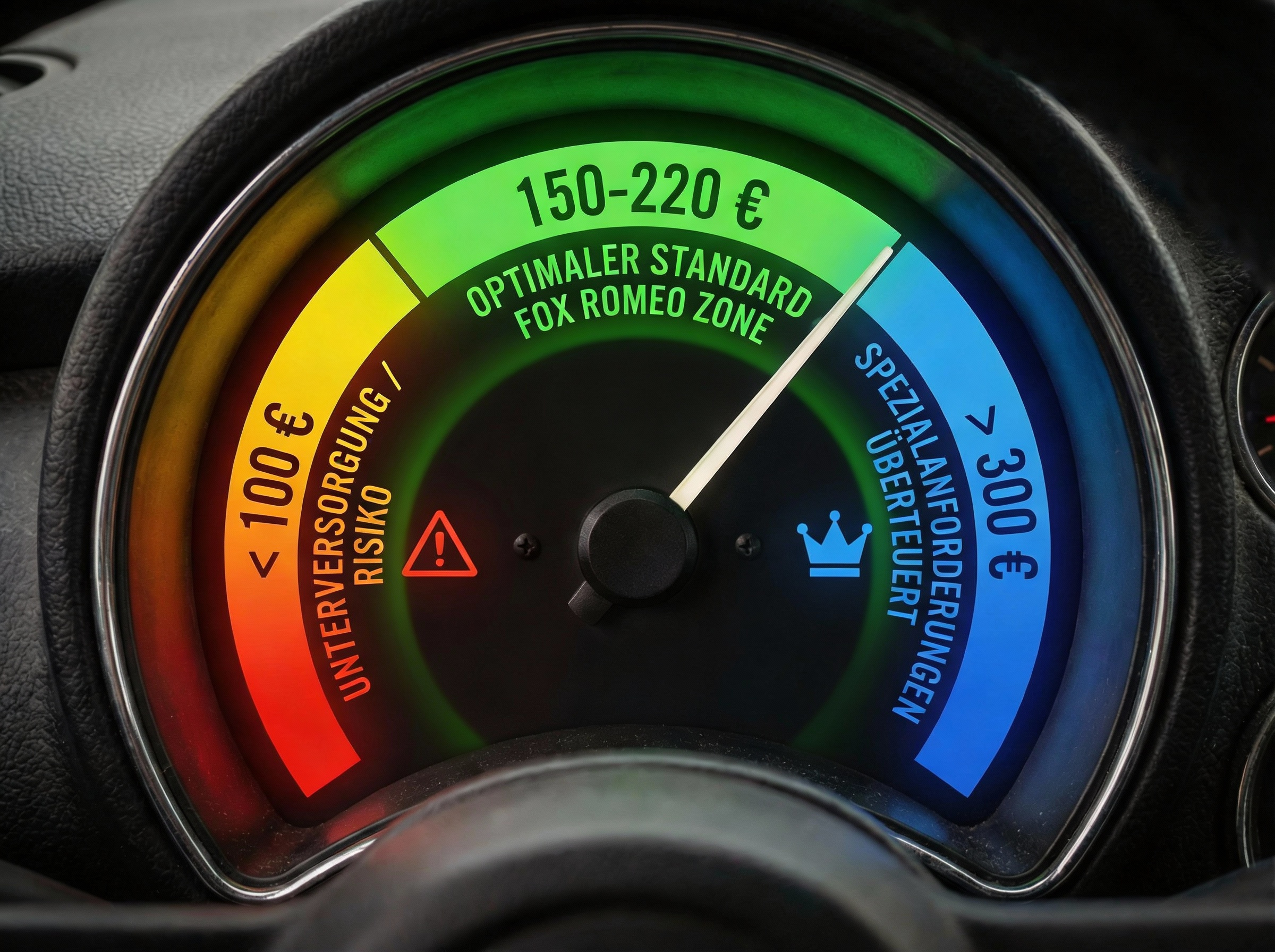 Benchmark-Grafik für monatliche IT-Kosten pro User: Der optimale Bereich für den Mittelstand liegt zwischen 150€ und 220€. Werte darunter bergen Sicherheitsrisiken, Werte darüber deuten auf Spezialanforderungen hin.