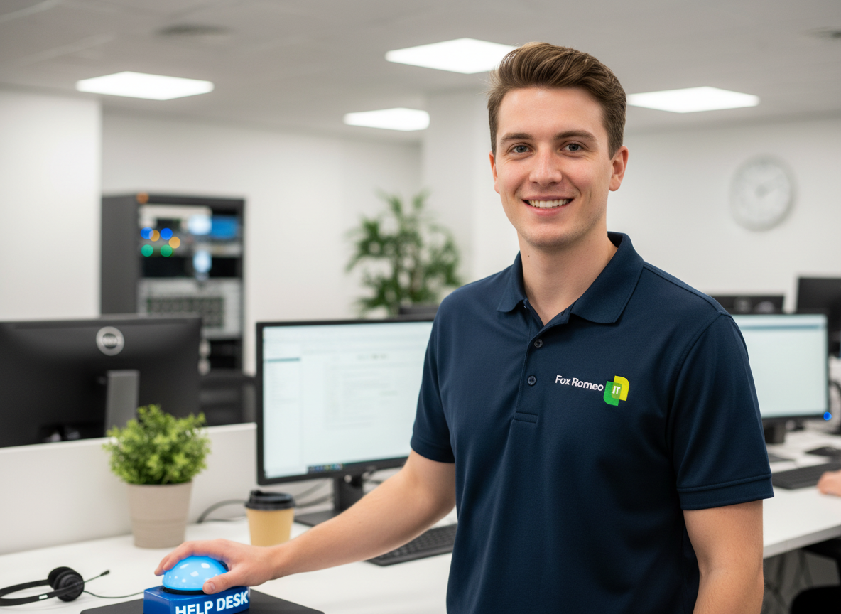 IT-Support Mitarbeiter bei der Arbeit: Schnelle Problemlösung per Fernwartung unter 30 Minuten.