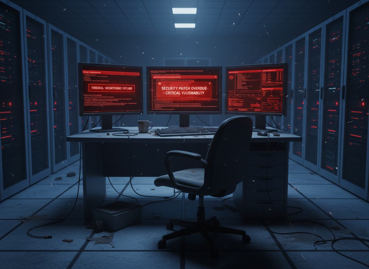 Unüberwachter IT-Monitorarbeitsplatz mit kritischen roten Warnmeldungen zu fehlenden Sicherheitsupdates und Ransomware-Bedrohungen, symbolisch für vernachlässigte IT-Sicherheit.