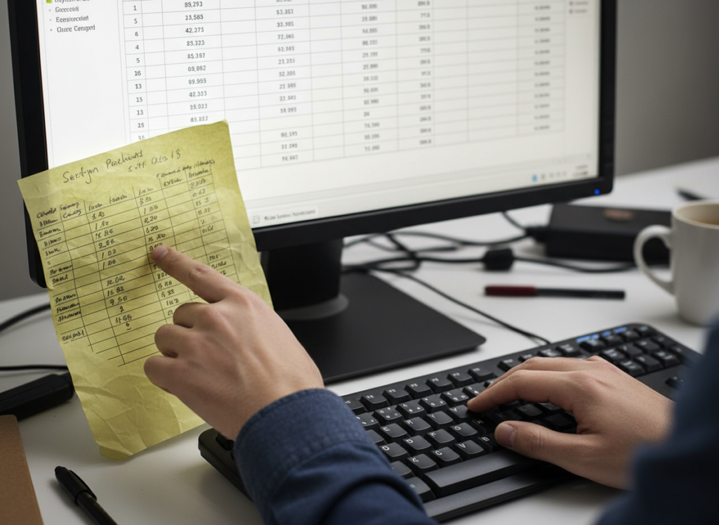 Ein Mitarbeiter tippt Daten von einem Ausdruck manuell in den Computer ab – ein klassisches Beispiel für ineffiziente Medienbrüche und Zeitverlust.