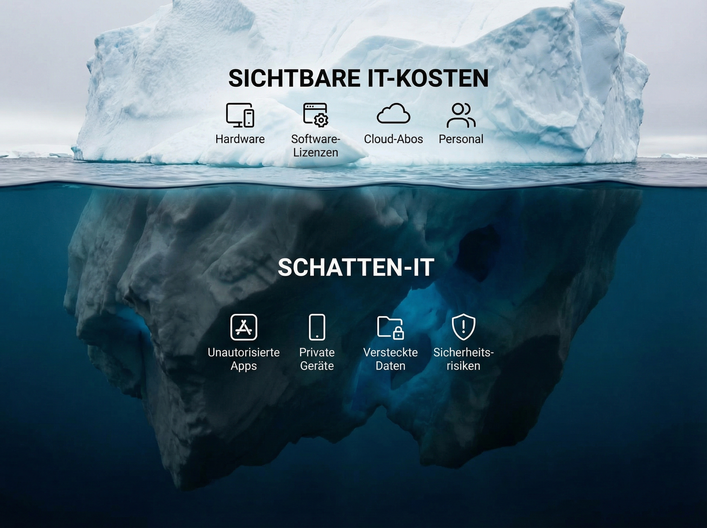 Infografik des Eisberg-Modells: Die Spitze über Wasser zeigt sichtbare IT-Kosten wie Hardware, Lizenzen und Personal. Der viel größere, verborgene Teil unter Wasser symbolisiert die Schatten-IT mit unautorisierten Apps, privaten Geräten und Sicherheitsrisiken.