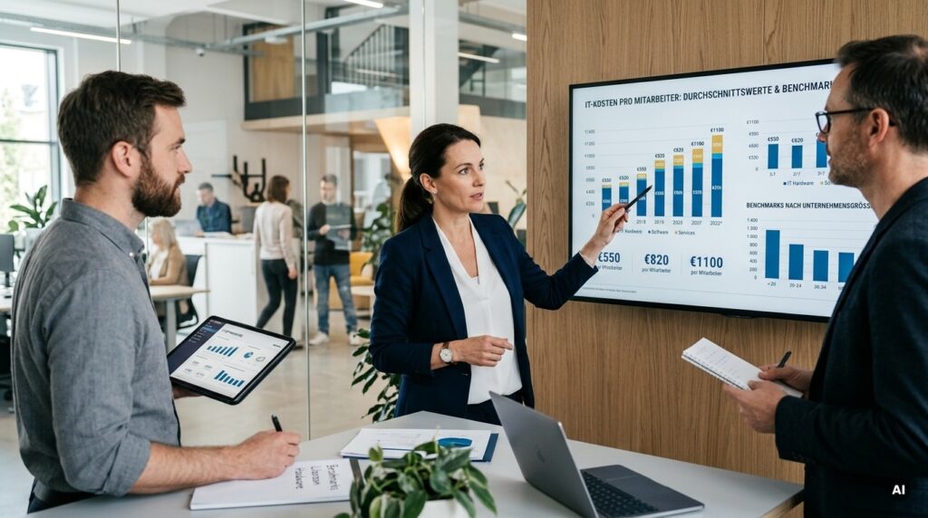 Drei Personen besprechen im Büro Balkendiagramme zu IT-Ausgaben auf einem großen Monitor und einem Tablet.