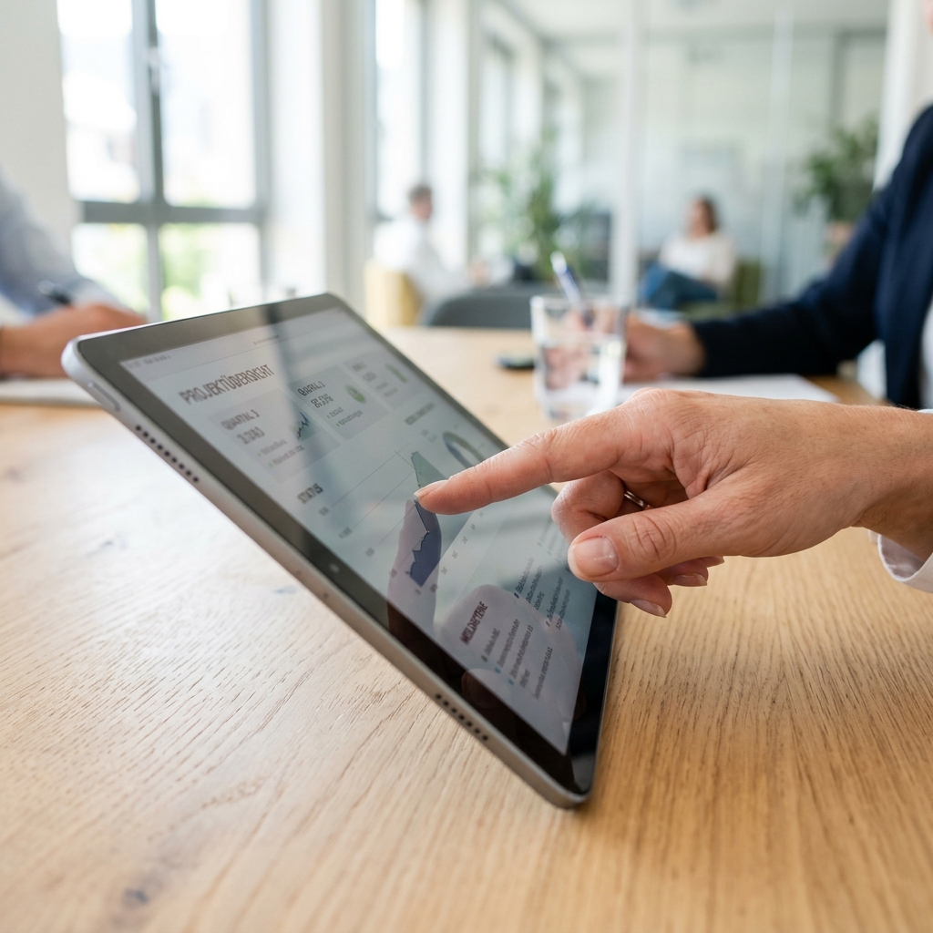 Hand zeigt auf dem Tablet auf Diagramme zur Projektübersicht. Im unscharfen Hintergrund sitzen Personen am Konferenztisch.