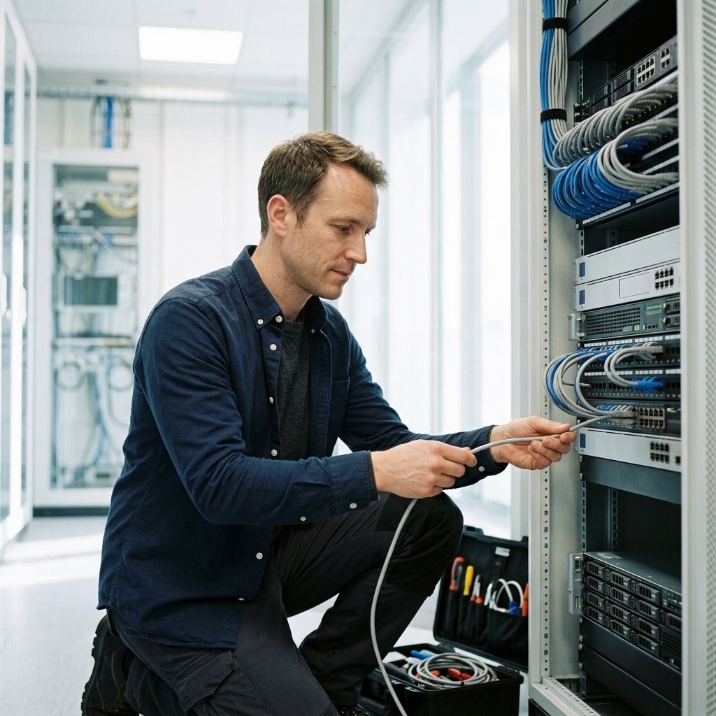 Ein Techniker kniet vor einem Serverschrank in einem hellen Rechenzentrum und schließt ein graues Netzwerkkabel an.
