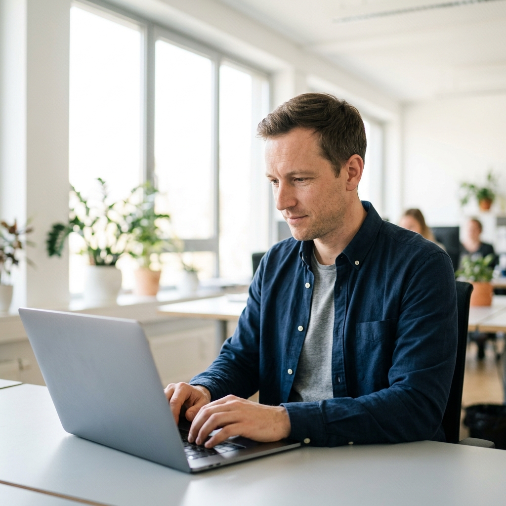 Eine Person im hellen Büro tippt fokussiert auf einem Laptop, um externe Systemprobleme technisch zu lösen.